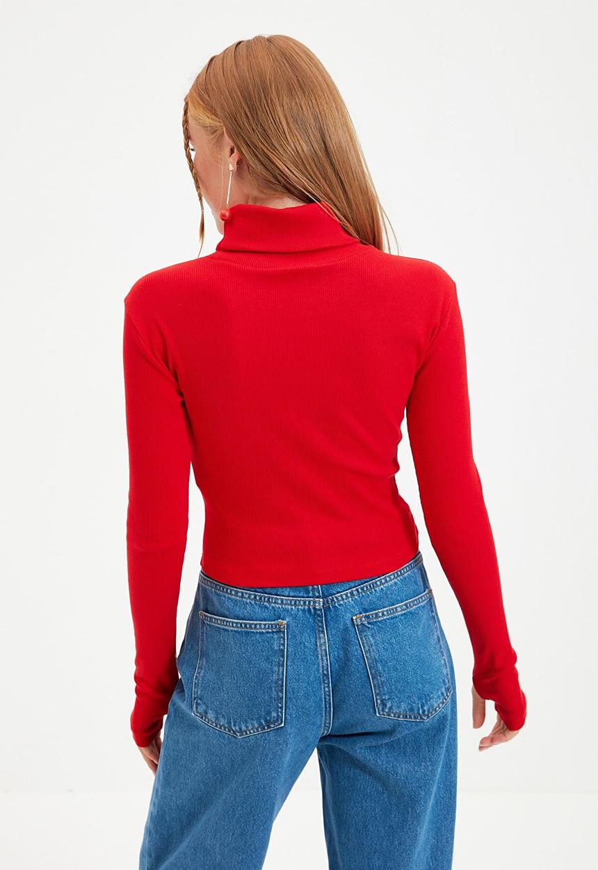 Trendyol - Turtleneck finger detail ribbed knit top - red