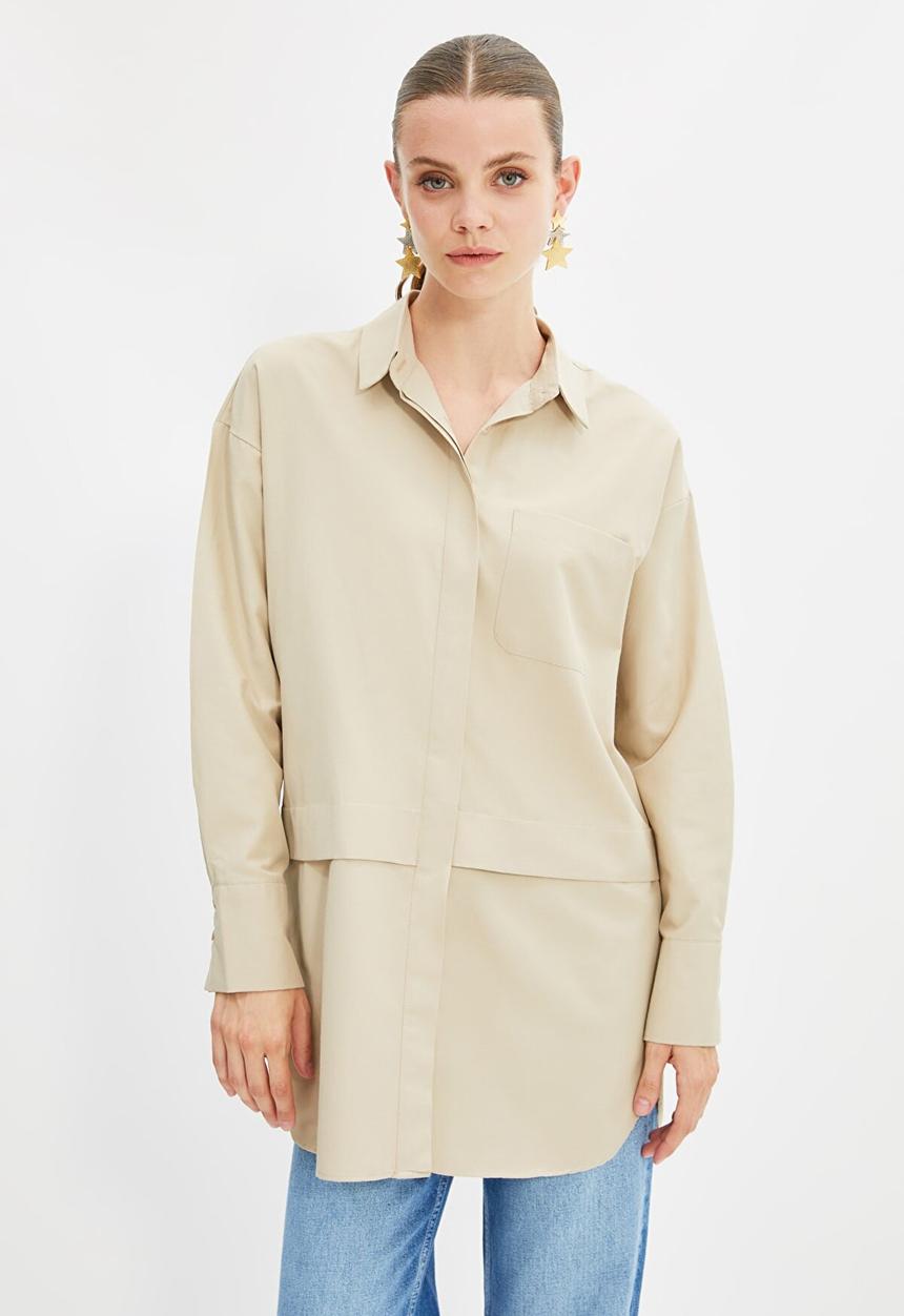 Trendyol - Longer length hem detail  shirt - beige