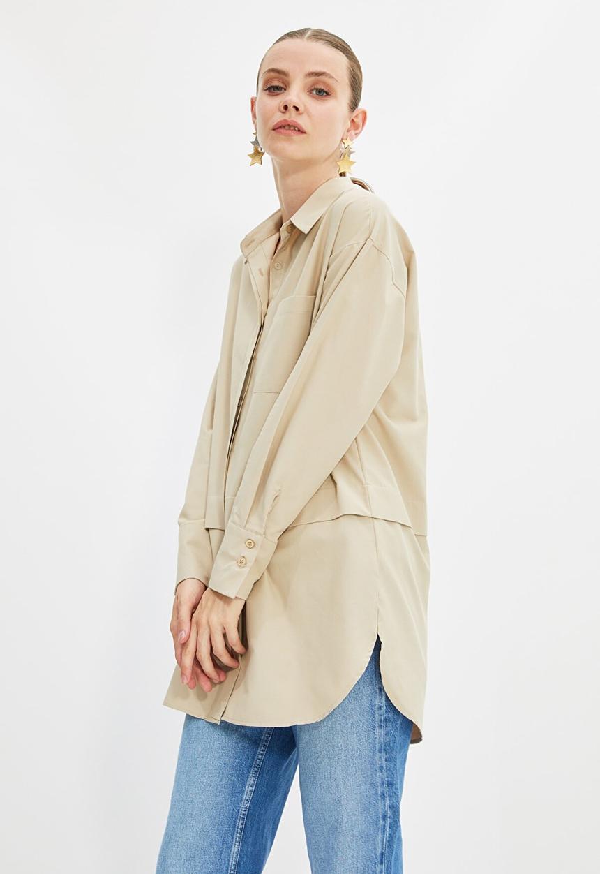 Trendyol - Longer length hem detail  shirt - beige