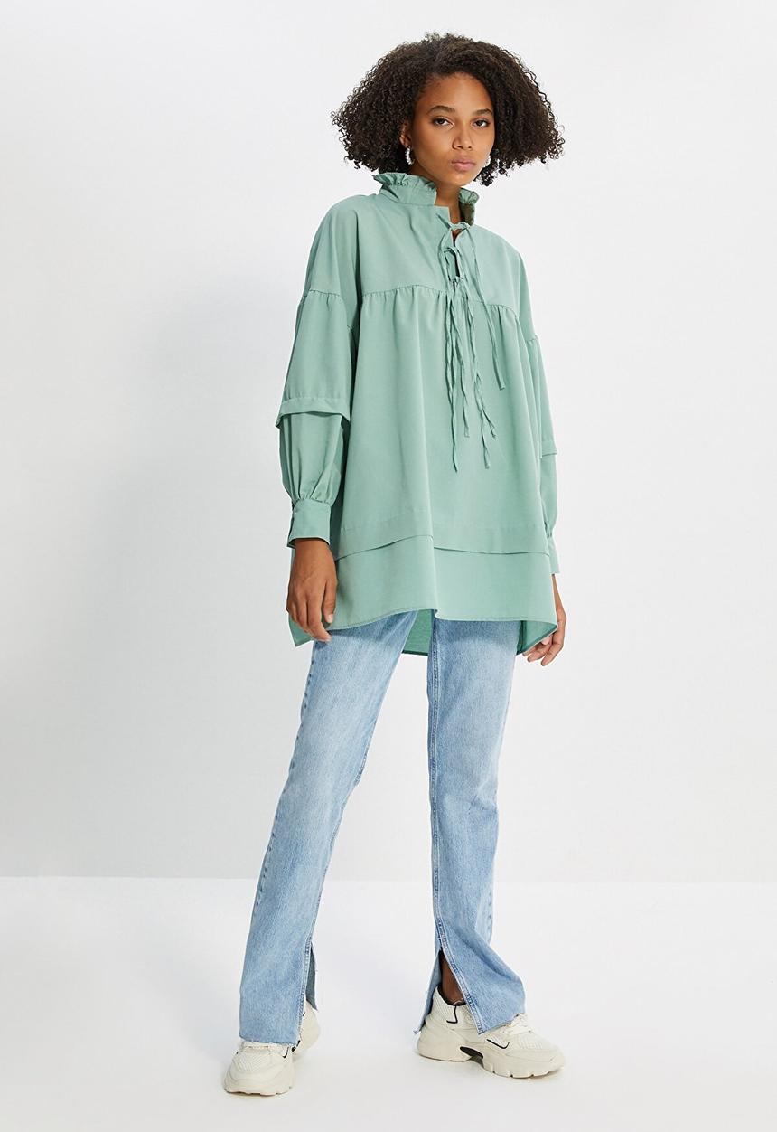 Trendyol - Tied poplin tunic blouse - green