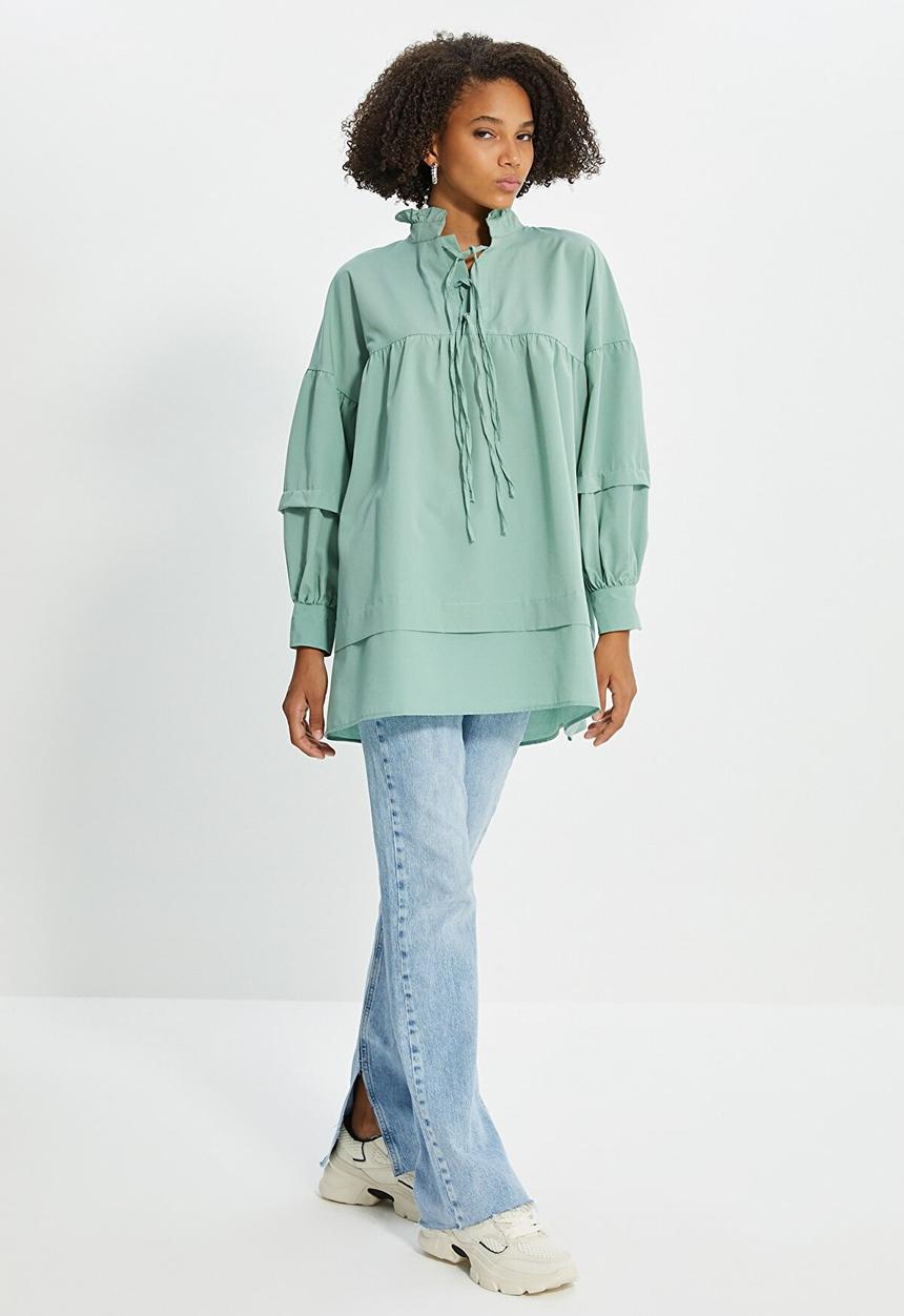 Trendyol - Tied poplin tunic blouse - green