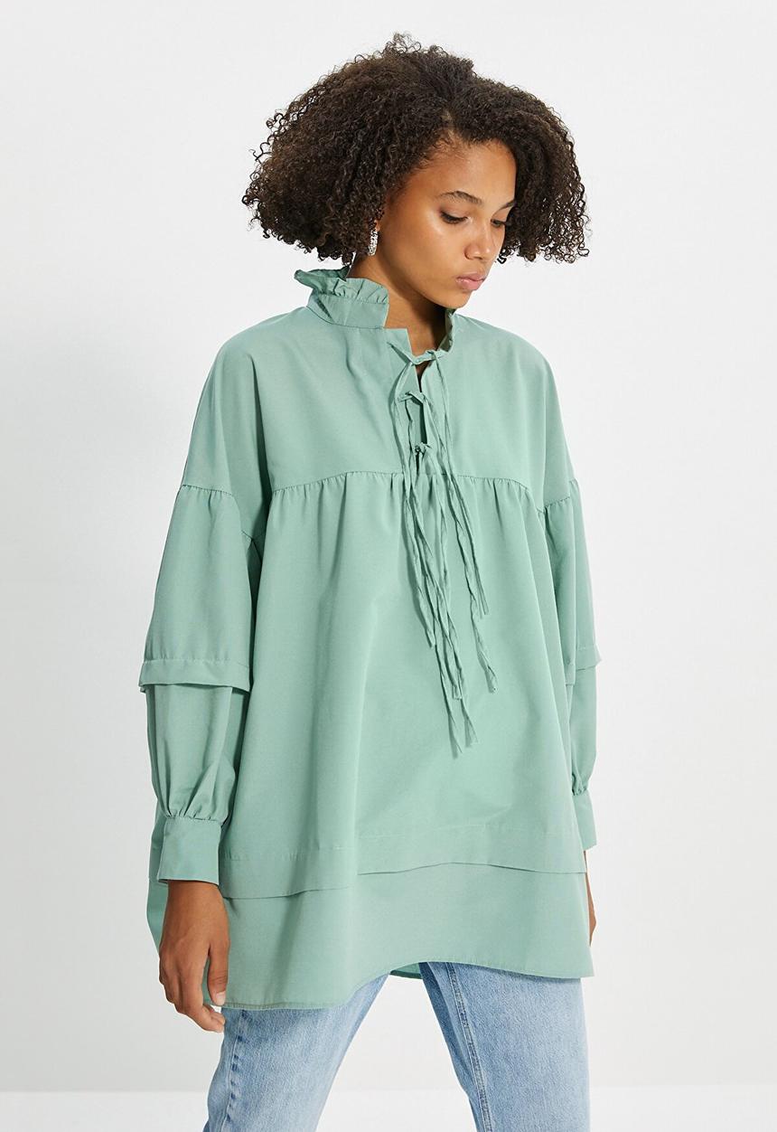 Trendyol - Tied poplin tunic blouse - green