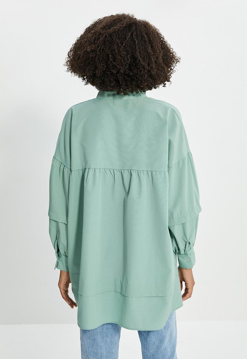 Trendyol - Tied poplin tunic blouse - green