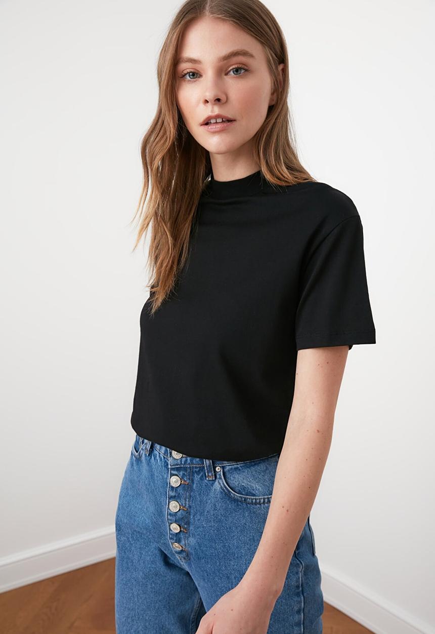 Trendyol - Stand collar basic knitted t-shirt - black