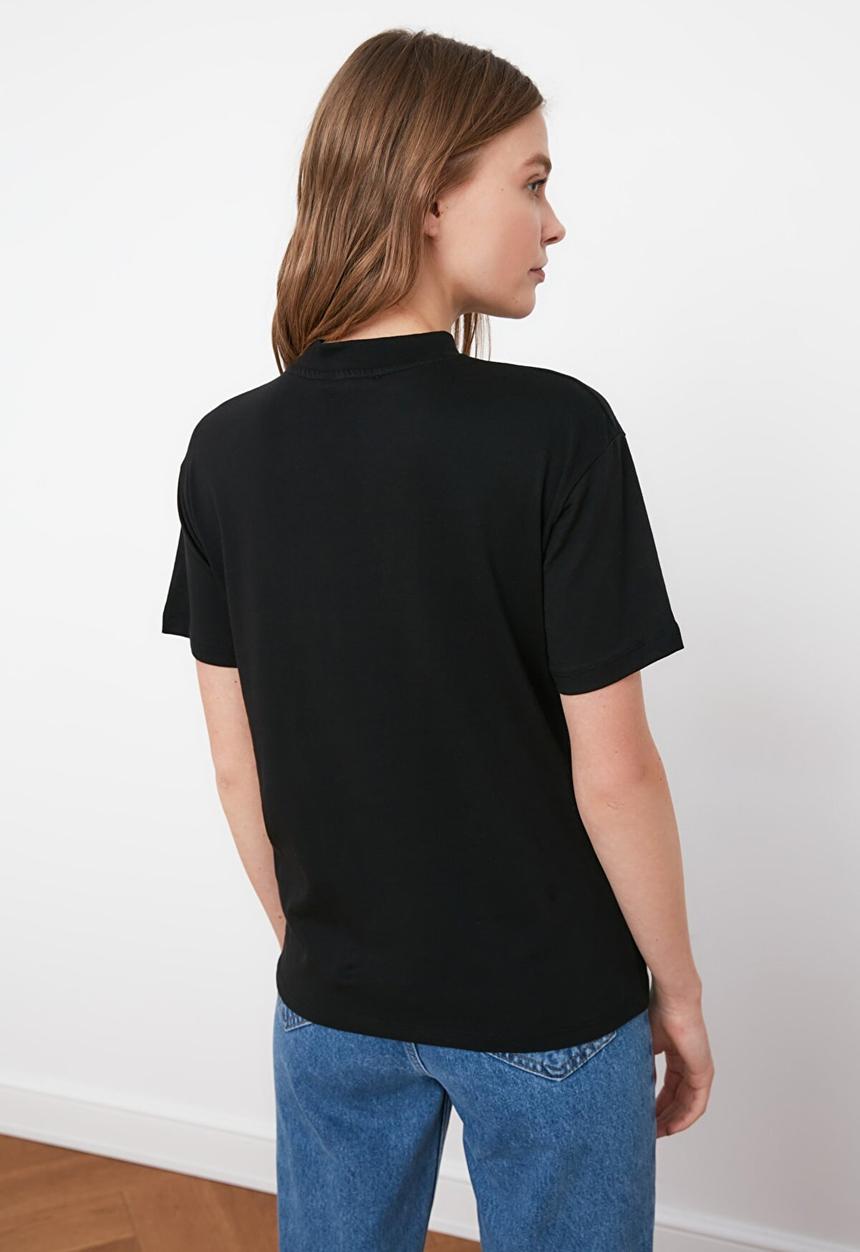Trendyol - Stand collar basic knitted t-shirt - black