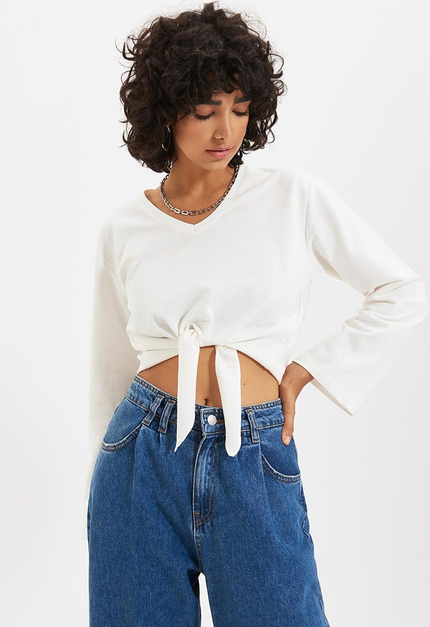 Trendyol - Tie detailed crop knit thin top - ecru