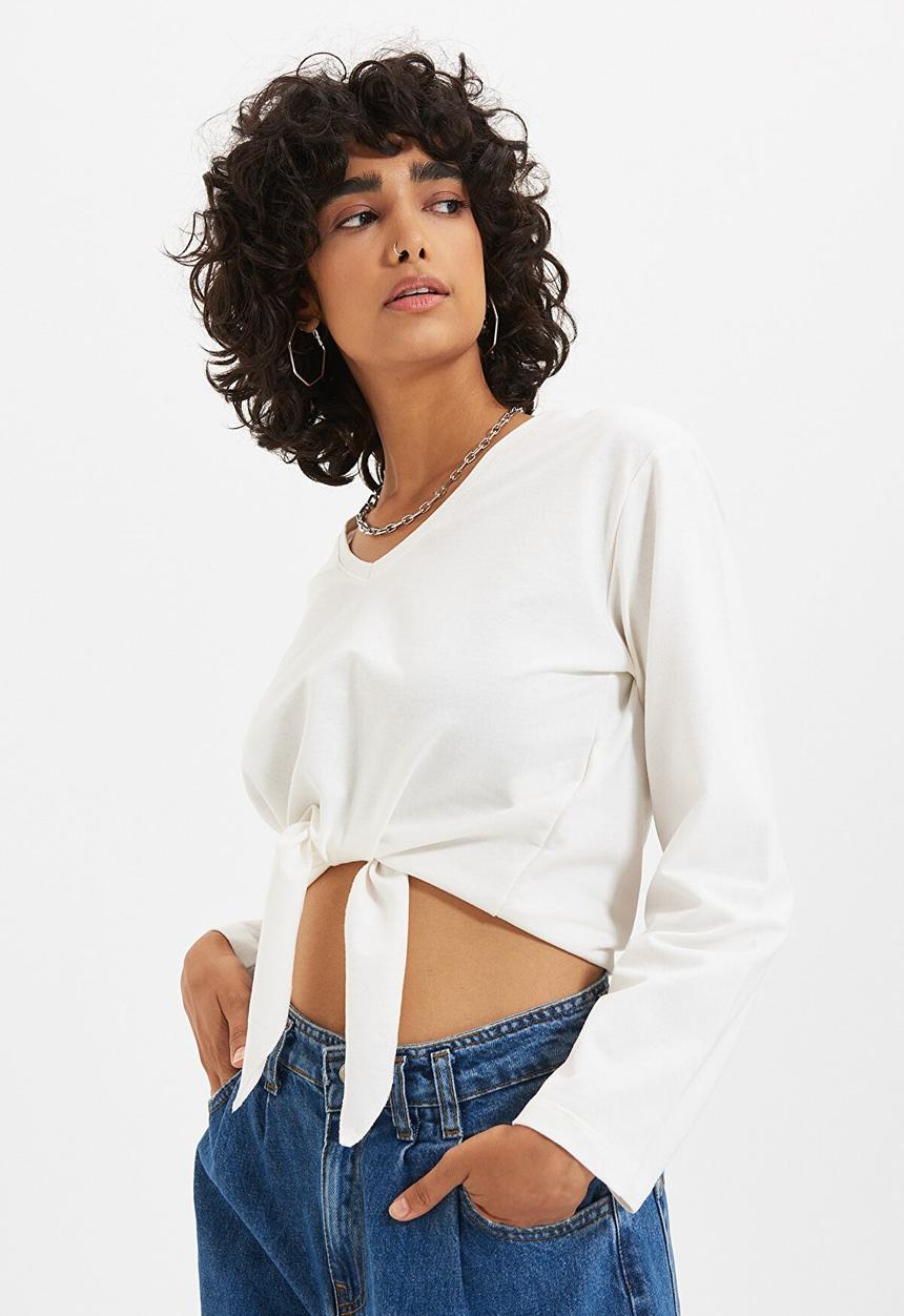 Trendyol - Tie detailed crop knit thin top - ecru
