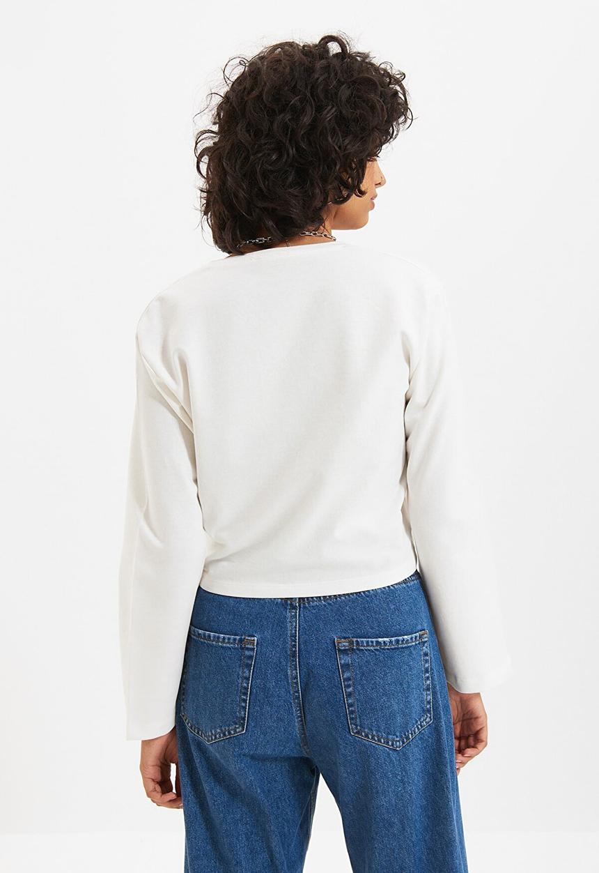 Trendyol - Tie detailed crop knit thin top - ecru