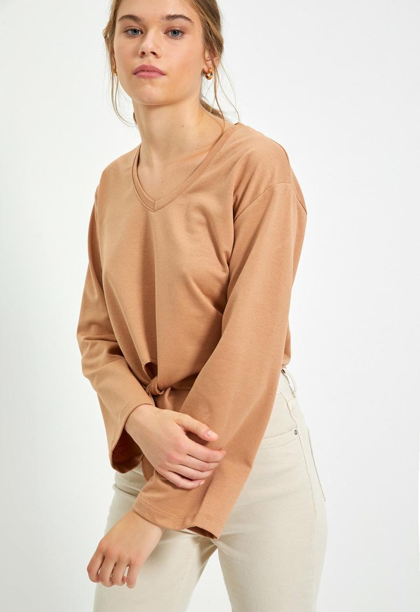 Trendyol - Tie detailed crop knit thin top  - camel