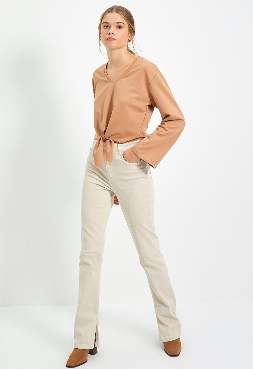 Trendyol - Tie detailed crop knit thin top  - camel