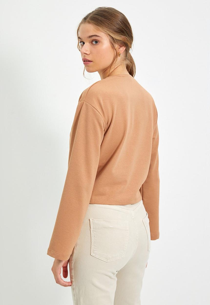 Trendyol - Tie detailed crop knit thin top  - camel