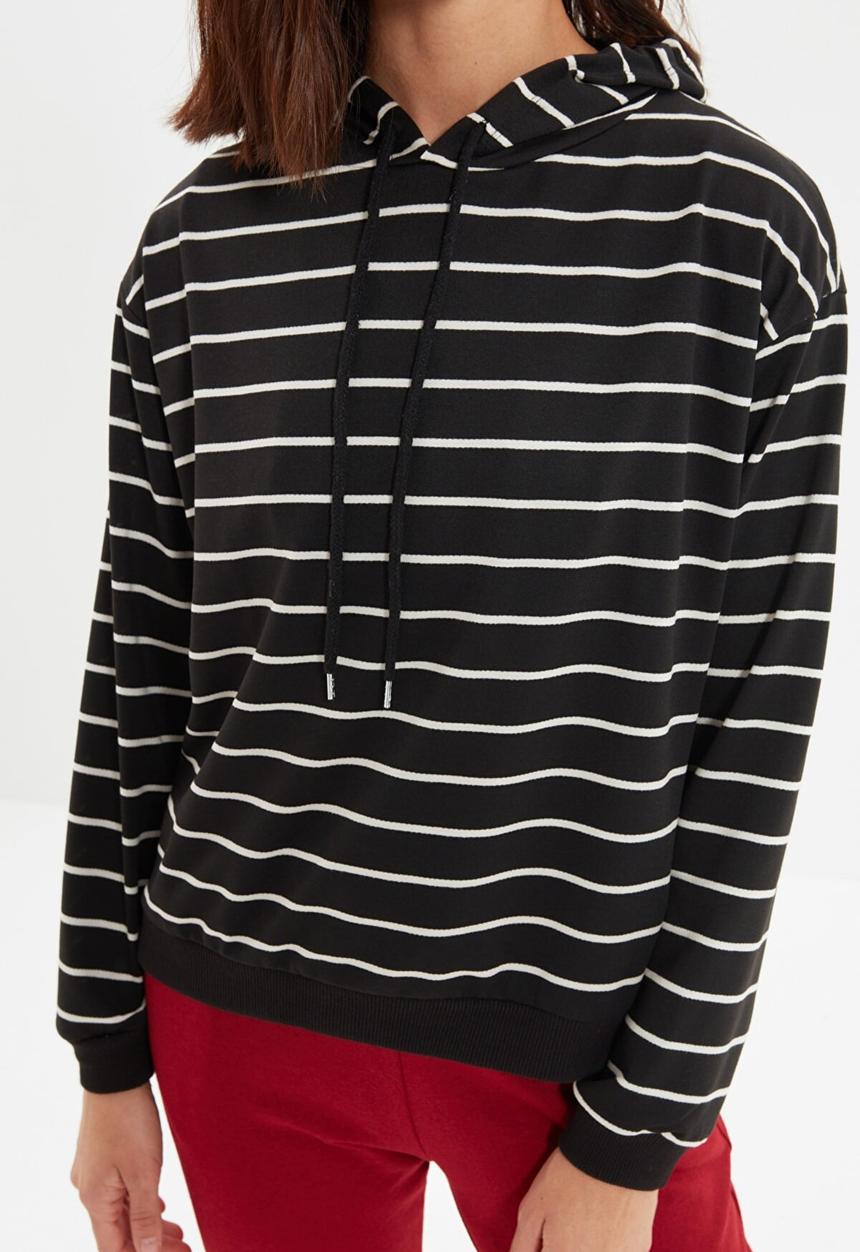 Trendyol - Striped basic knit slim sweatshirt - black