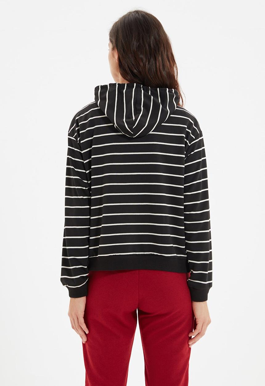 Trendyol - Striped basic knit slim sweatshirt - black