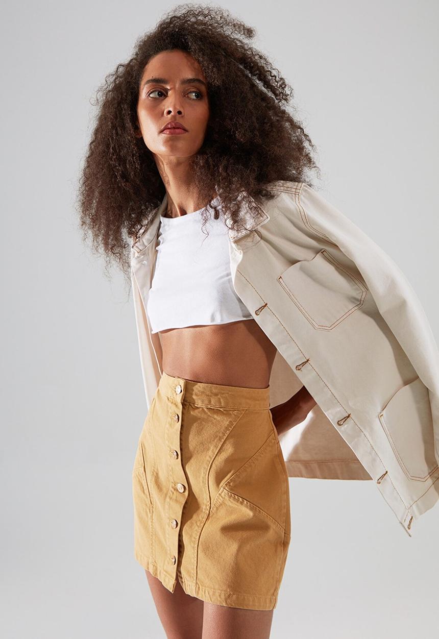 Trendyol - Stitch detailed front buttoned mini denim skirt - camel