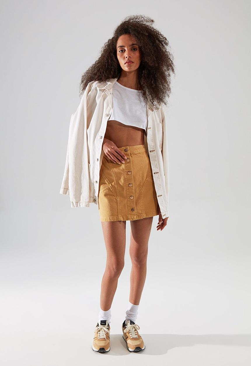 Trendyol - Stitch detailed front buttoned mini denim skirt - camel