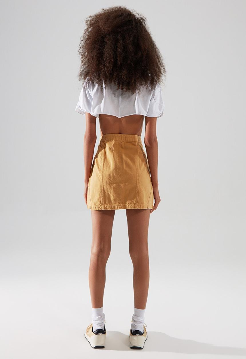 Trendyol - Stitch detailed front buttoned mini denim skirt - camel