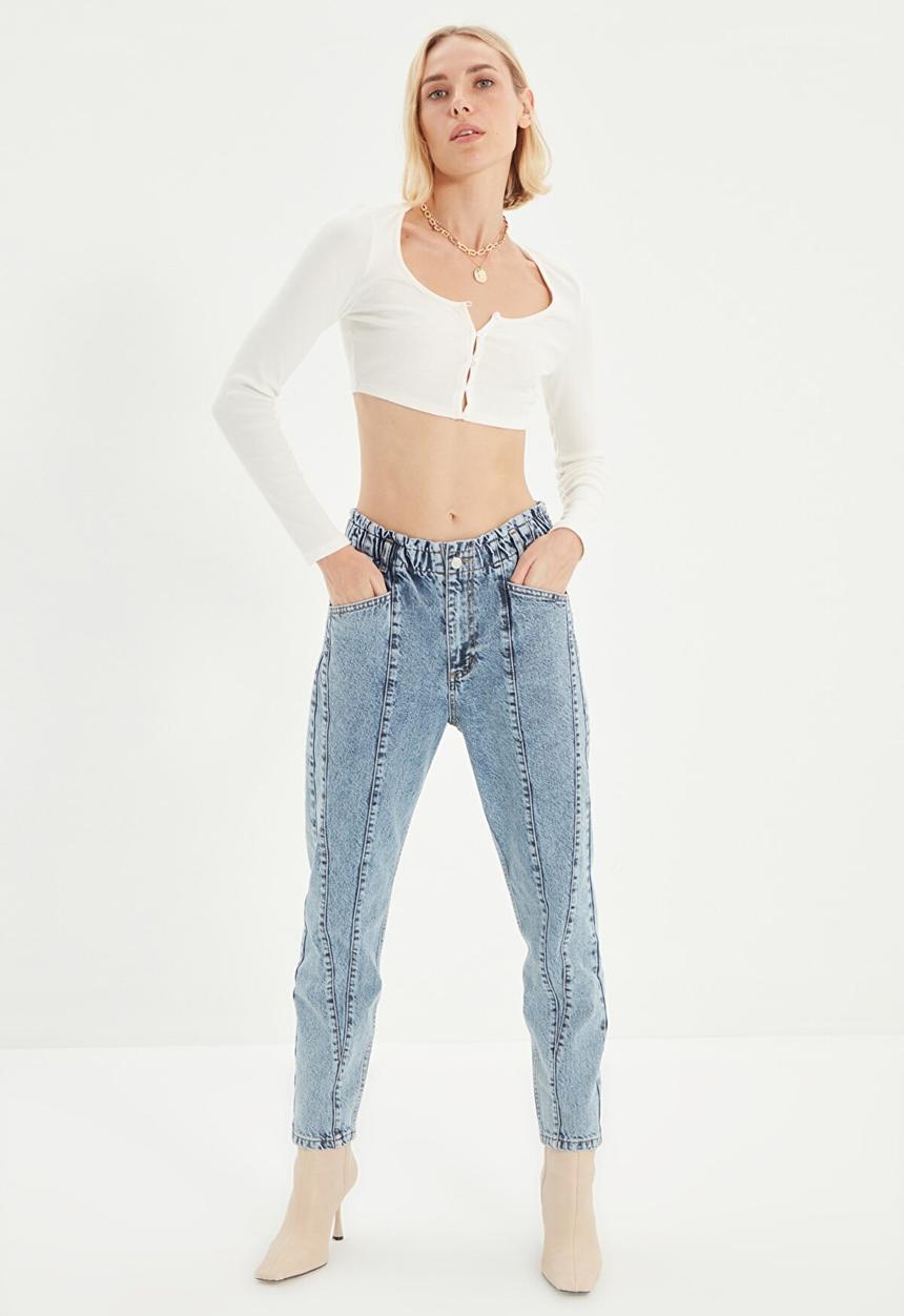 Trendyol - Ruched waist high waist mom jeans - blue