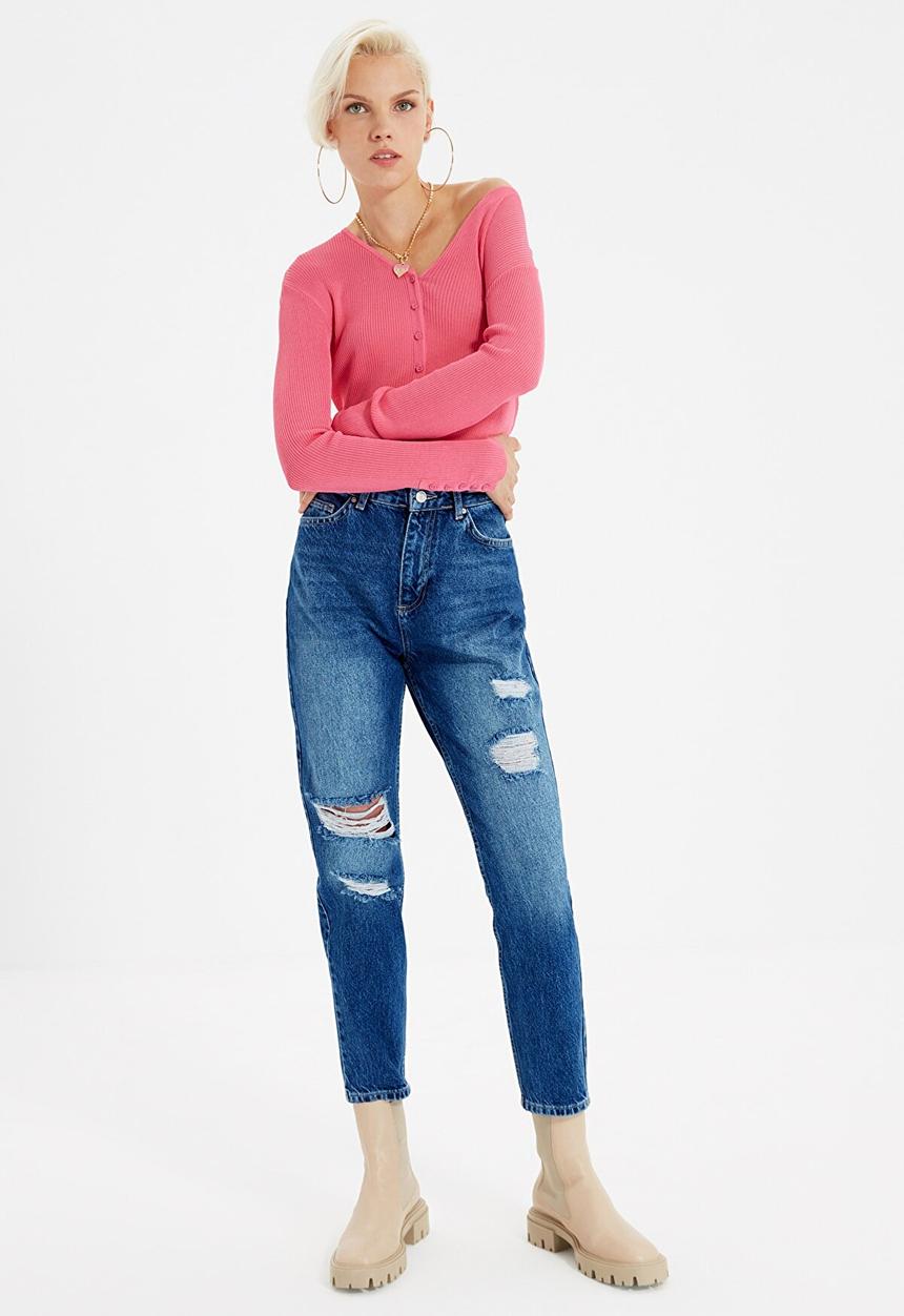 Trendyol - Ripped detailed high waist mom jeans - dark blue