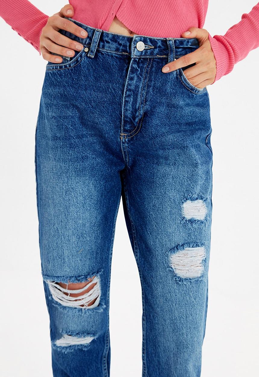 Trendyol - Ripped detailed high waist mom jeans - dark blue