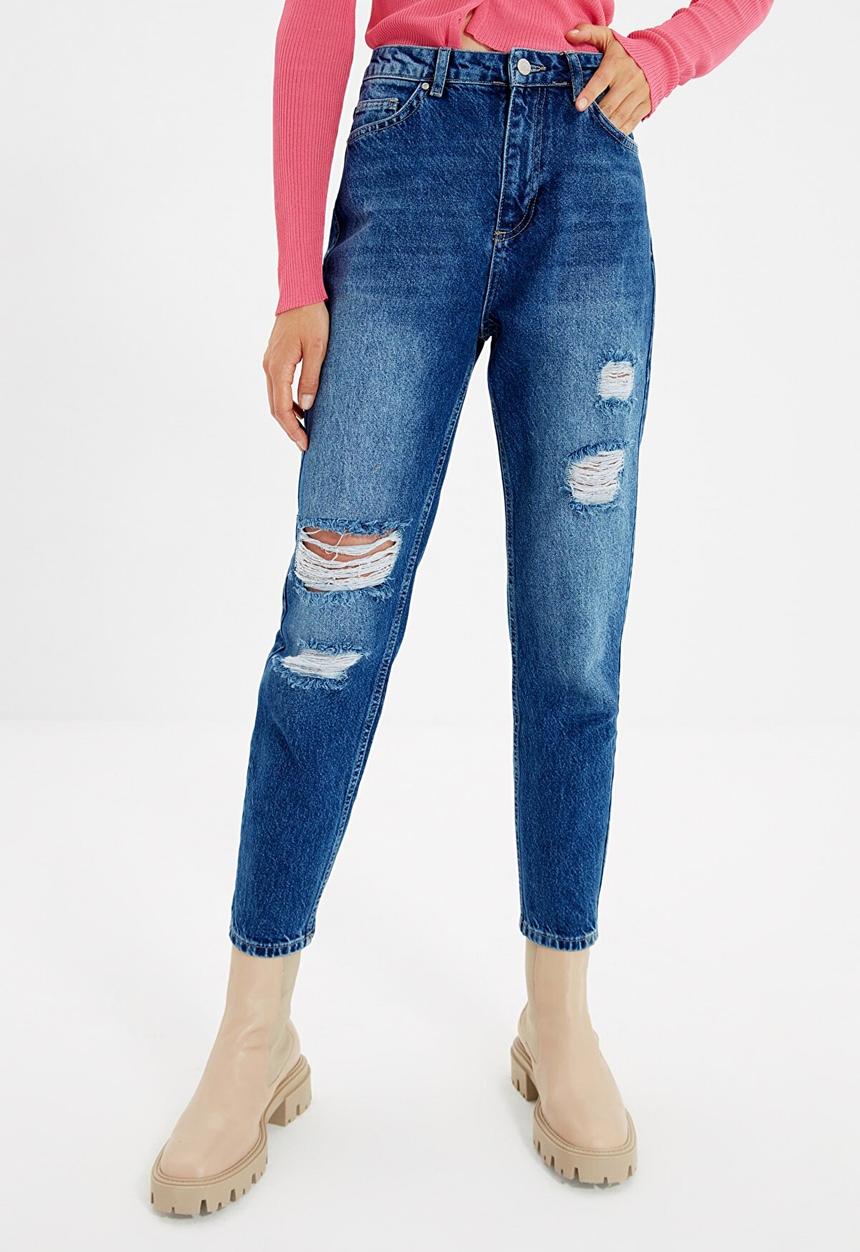 Trendyol - Ripped detailed high waist mom jeans - dark blue