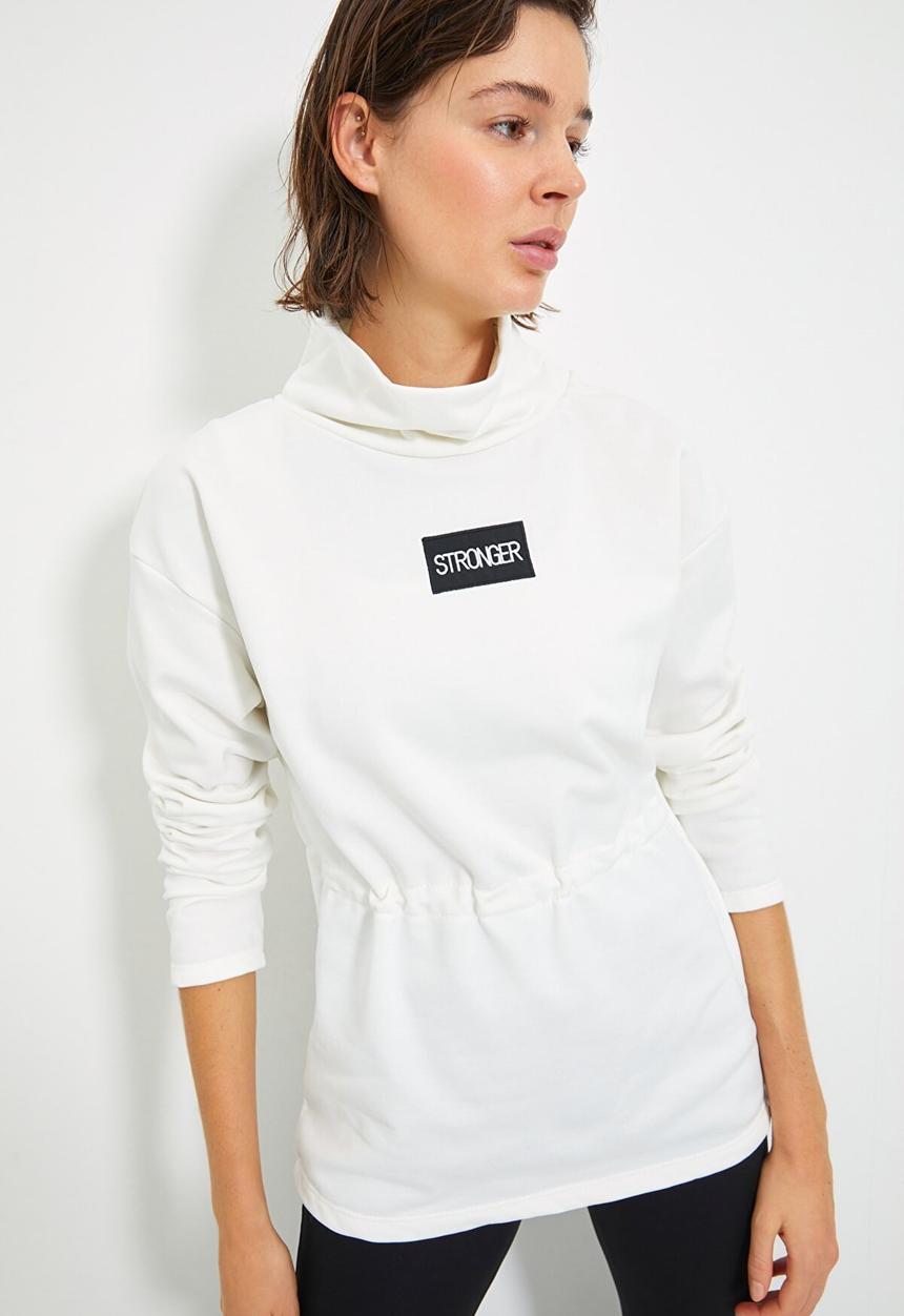Trendyol - Printed waist pleated oversized knit sweatshirt - ecru