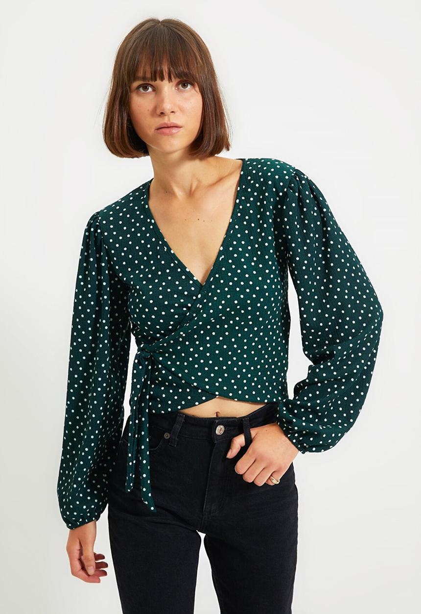 Trendyol - Polka dot double breasted blouse - green