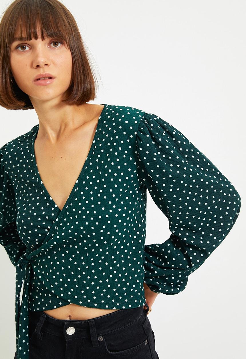 Trendyol - Polka dot double breasted blouse - green