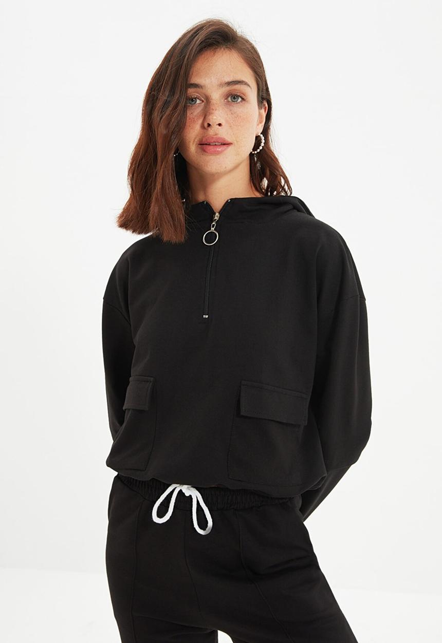 Trendyol - Pocket basic hooded slim sweatshirt - black