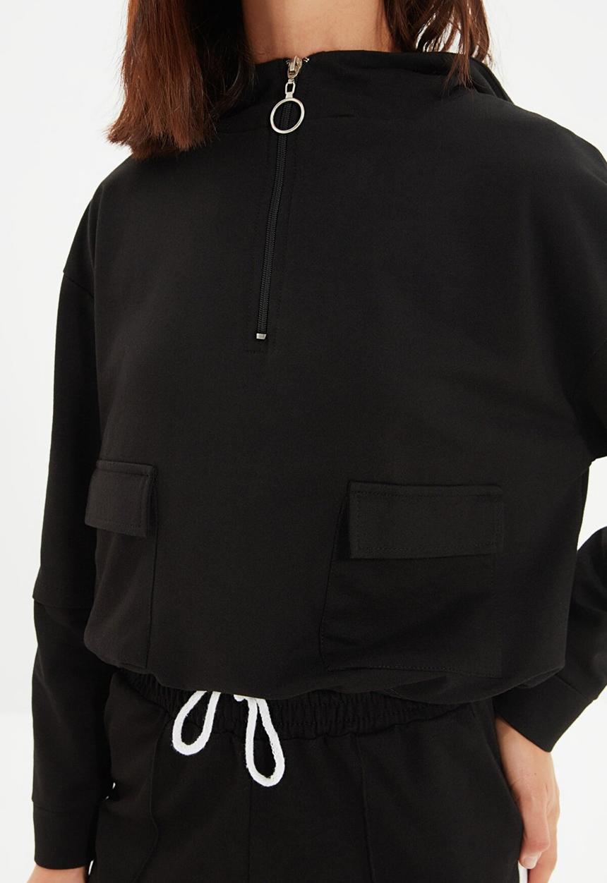 Trendyol - Pocket basic hooded slim sweatshirt - black