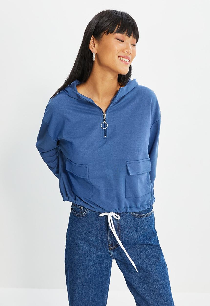 Trendyol - Pocket basic hooded slim sweatshirt - navy