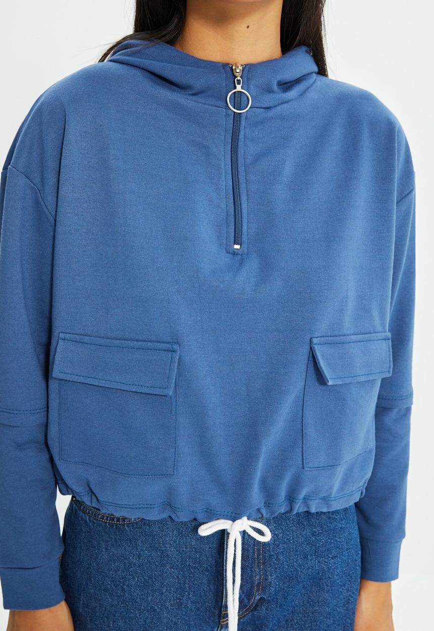 Trendyol - Pocket basic hooded slim sweatshirt - navy