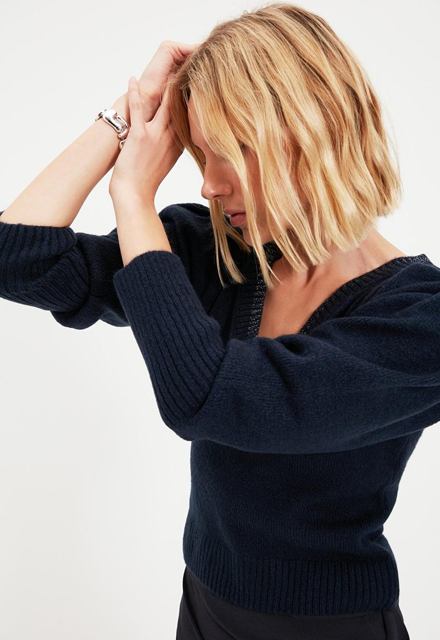 Trendyol - Pleated v neck knit sweater - navy
