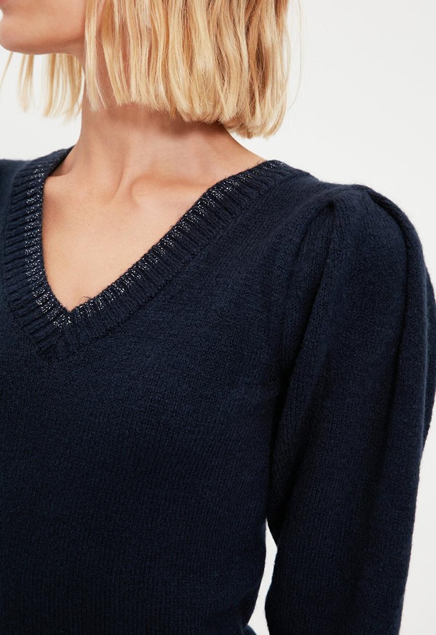 Trendyol - Pleated v neck knit sweater - navy