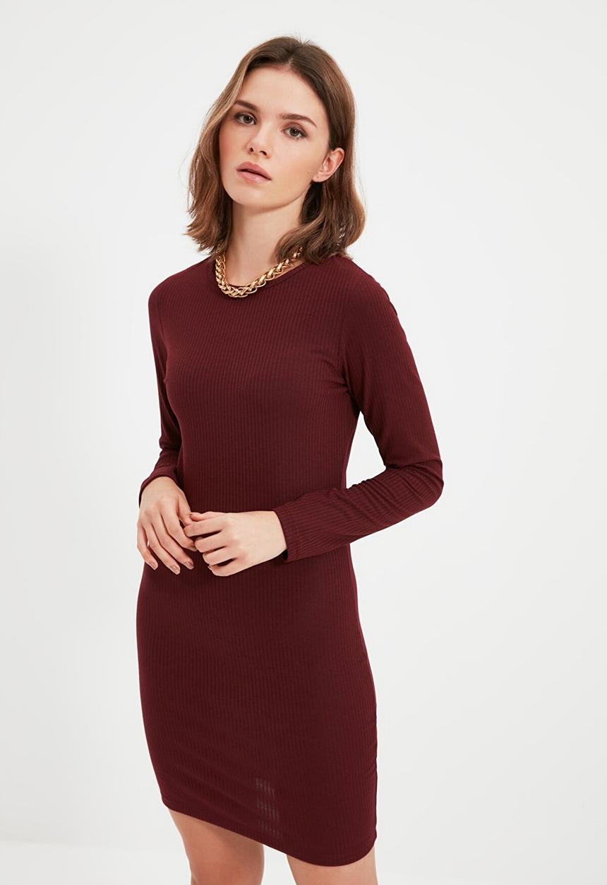 Trendyol - Petite ribbed bodycon mini dress - burgundy