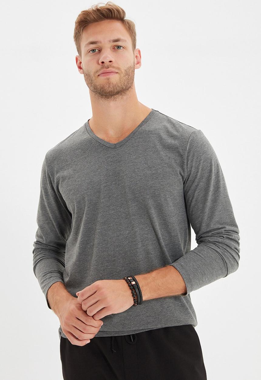 Trendyol - High V-neck long sleeve tee - anthracite