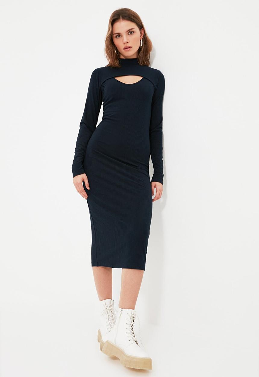 Trendyol - Petite corduroy bust detail knitted dress - navy