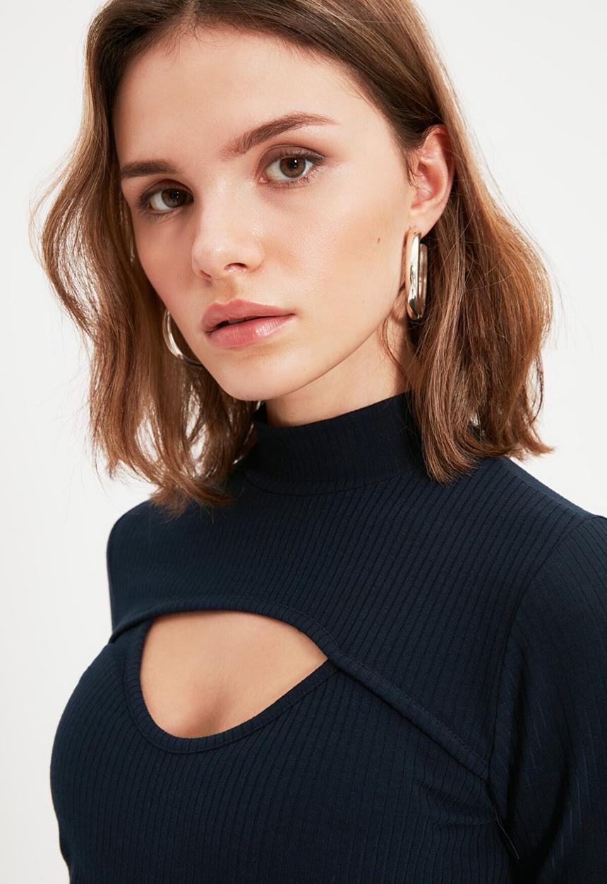 Trendyol - Petite corduroy bust detail knitted dress - navy