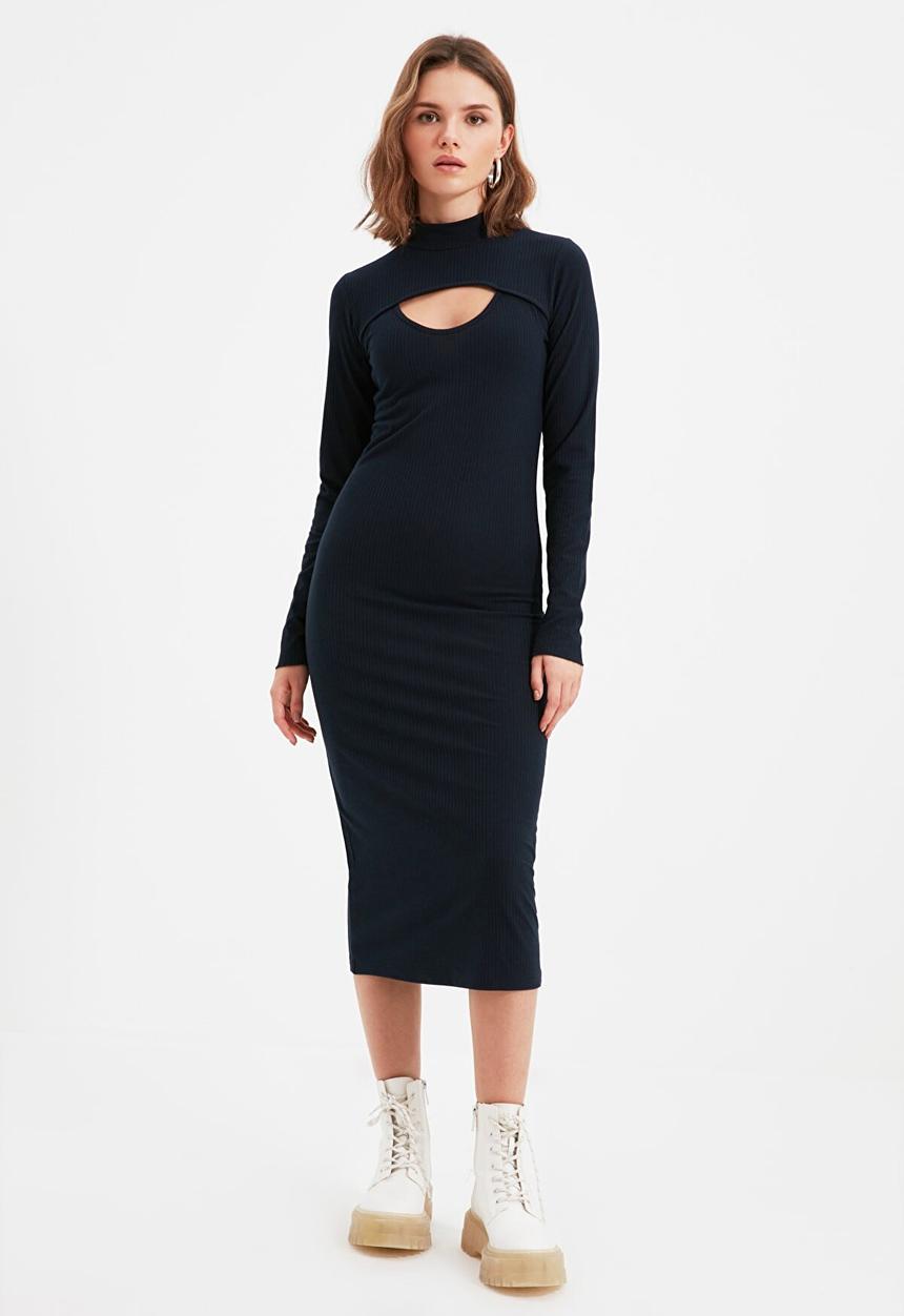 Trendyol - Petite corduroy bust detail knitted dress - navy
