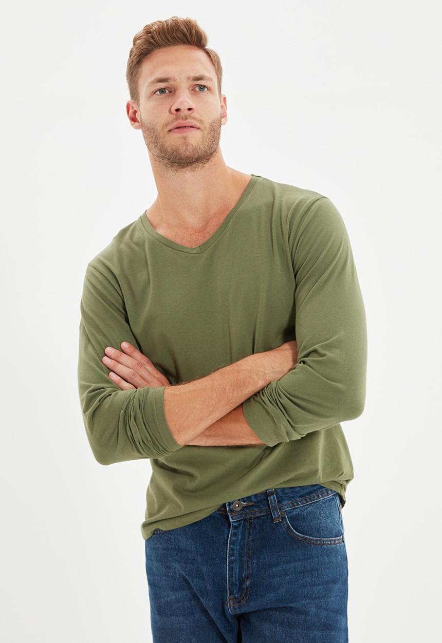 Trendyol - High v neck long sleeve tee - khaki