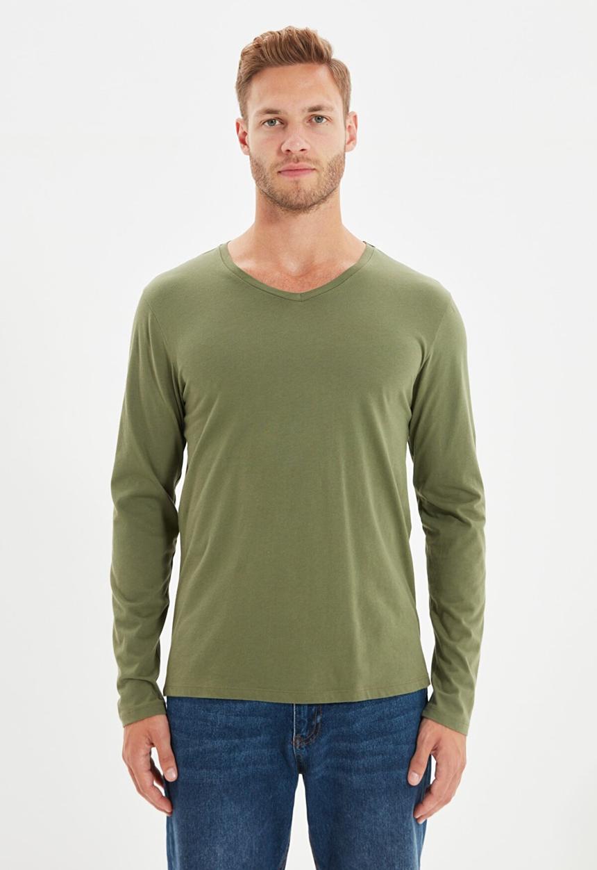 Trendyol - High v neck long sleeve tee - khaki