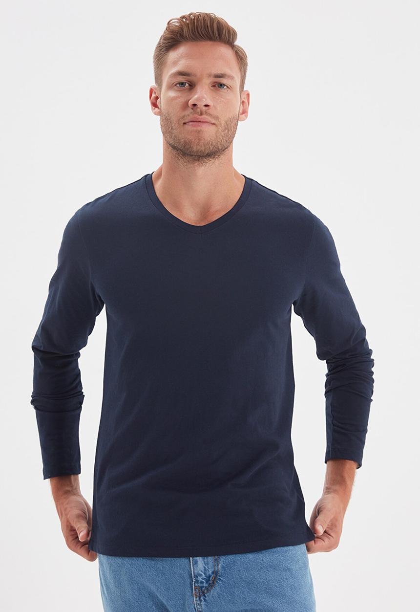 Trendyol - High v neck long sleeve tee - navy