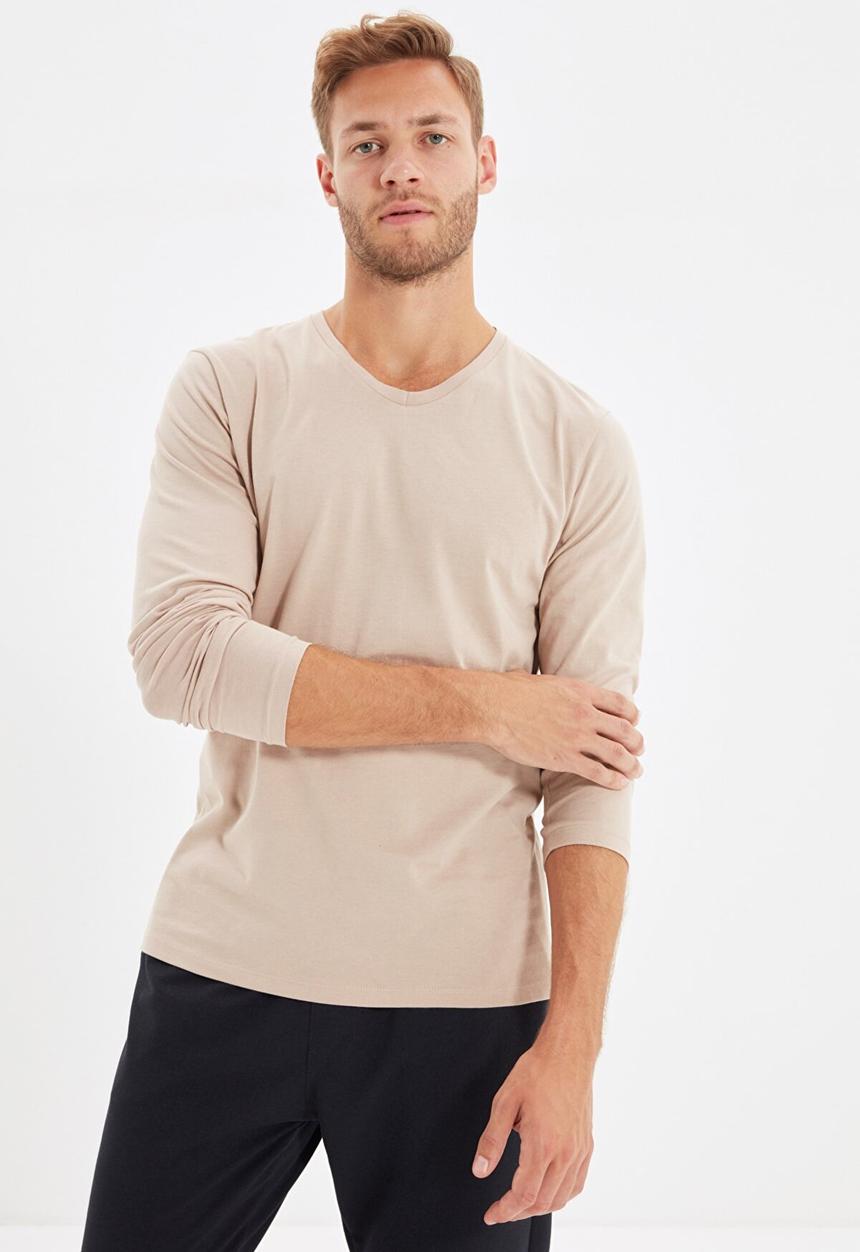 Trendyol - High v neck long sleeve tee - stone