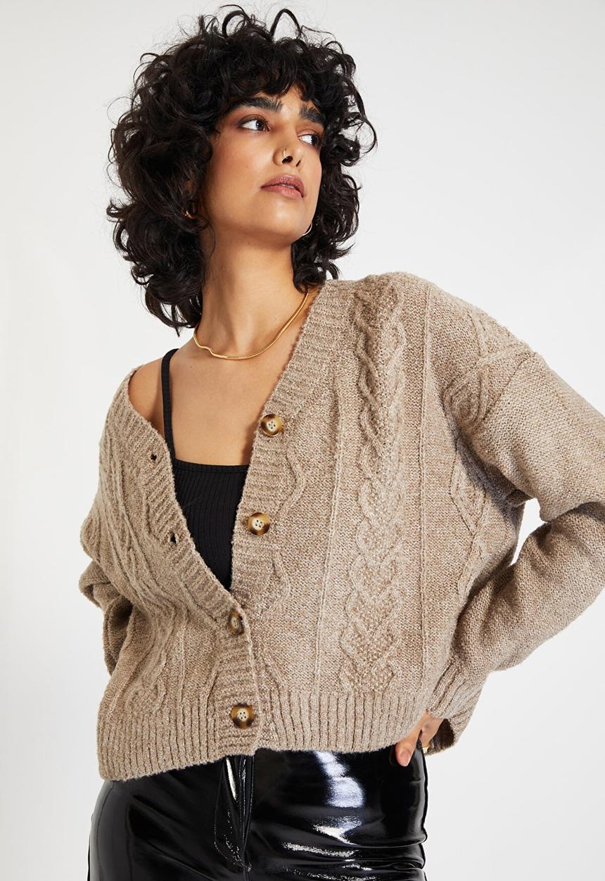 Trendyol - Knitted detailed crop cardigan - camel