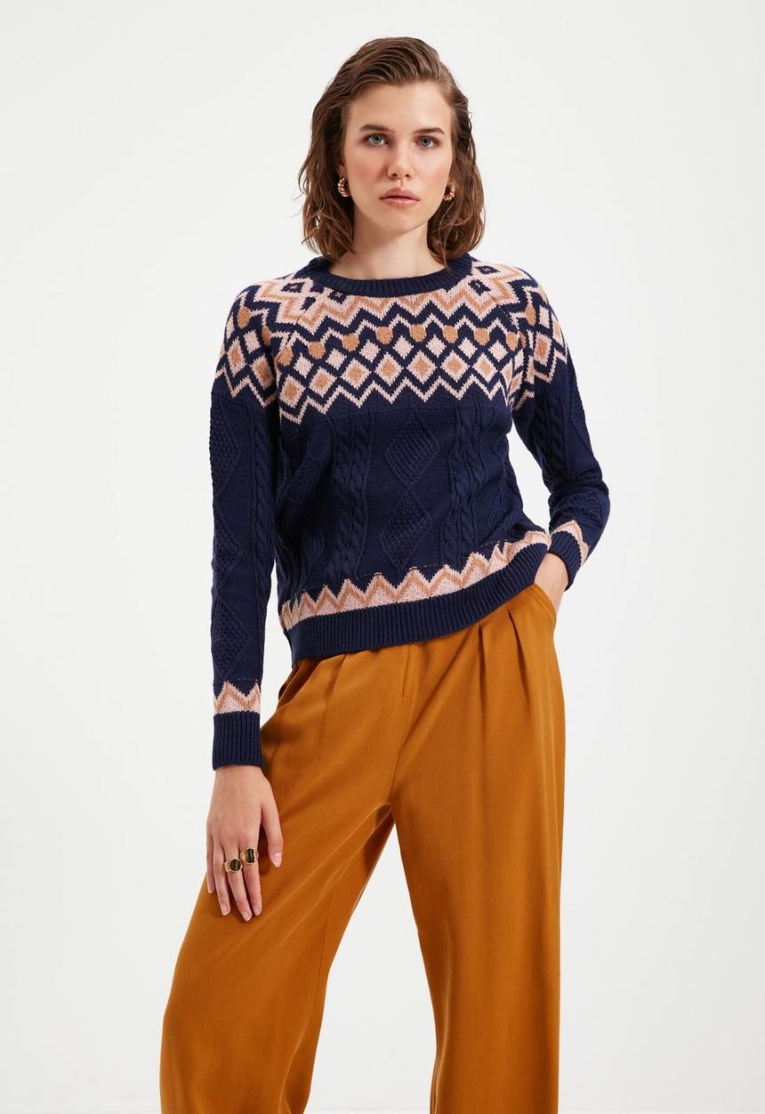 Trendyol - Jacquard crew neck knit sweater - navy