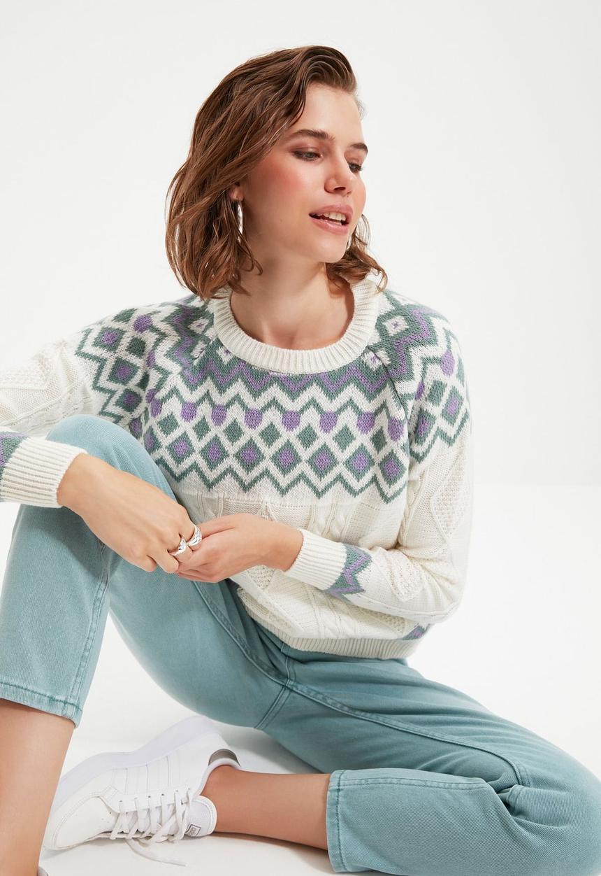 Trendyol - Jacquard crew neck knit sweater - ecru