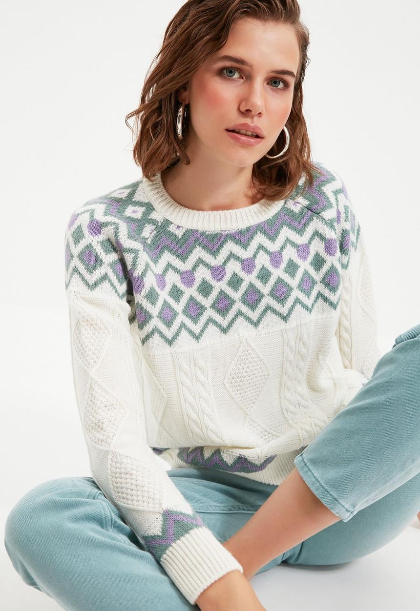 Trendyol - Jacquard crew neck knit sweater - ecru
