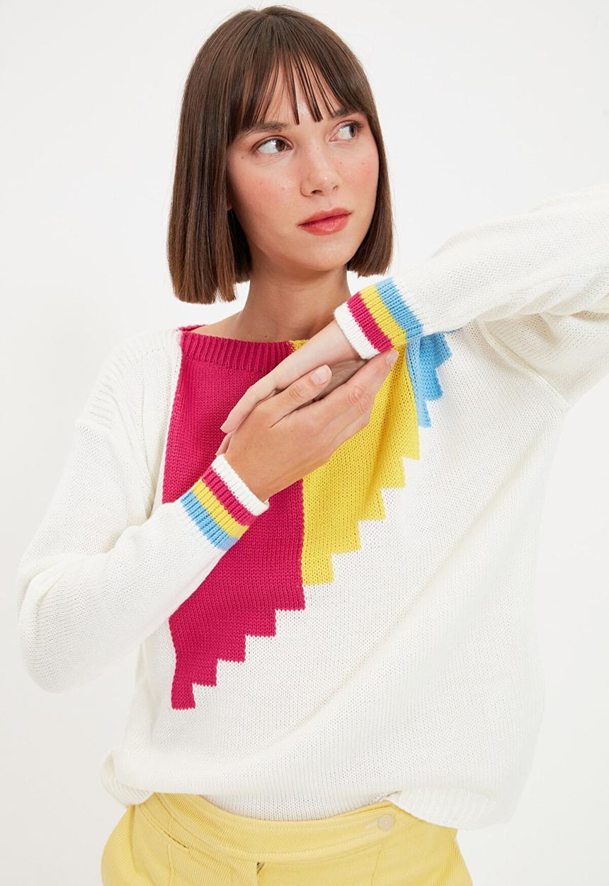 Trendyol - Jacquard color block knit sweater - ecru
