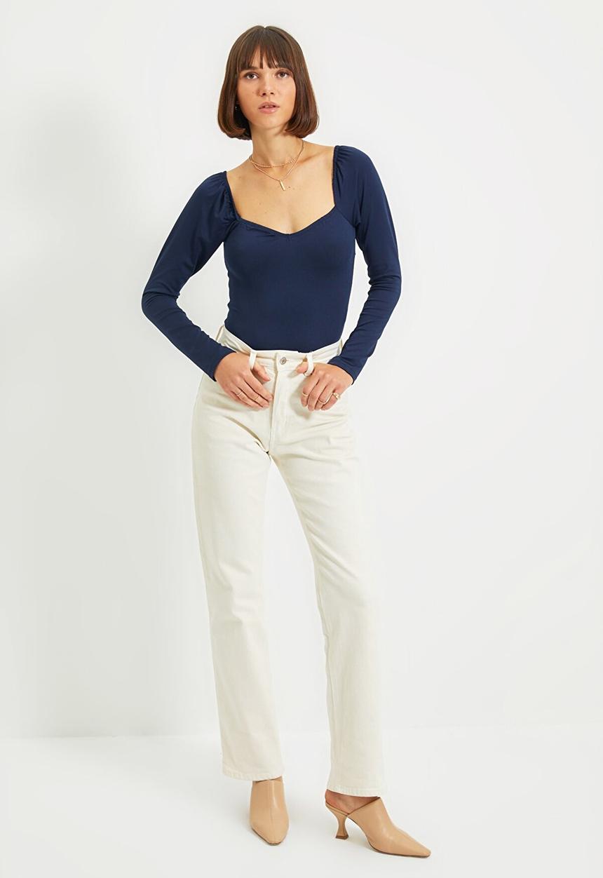 Trendyol - Heart collar balloon sleeve snap knit bodysuit - navy