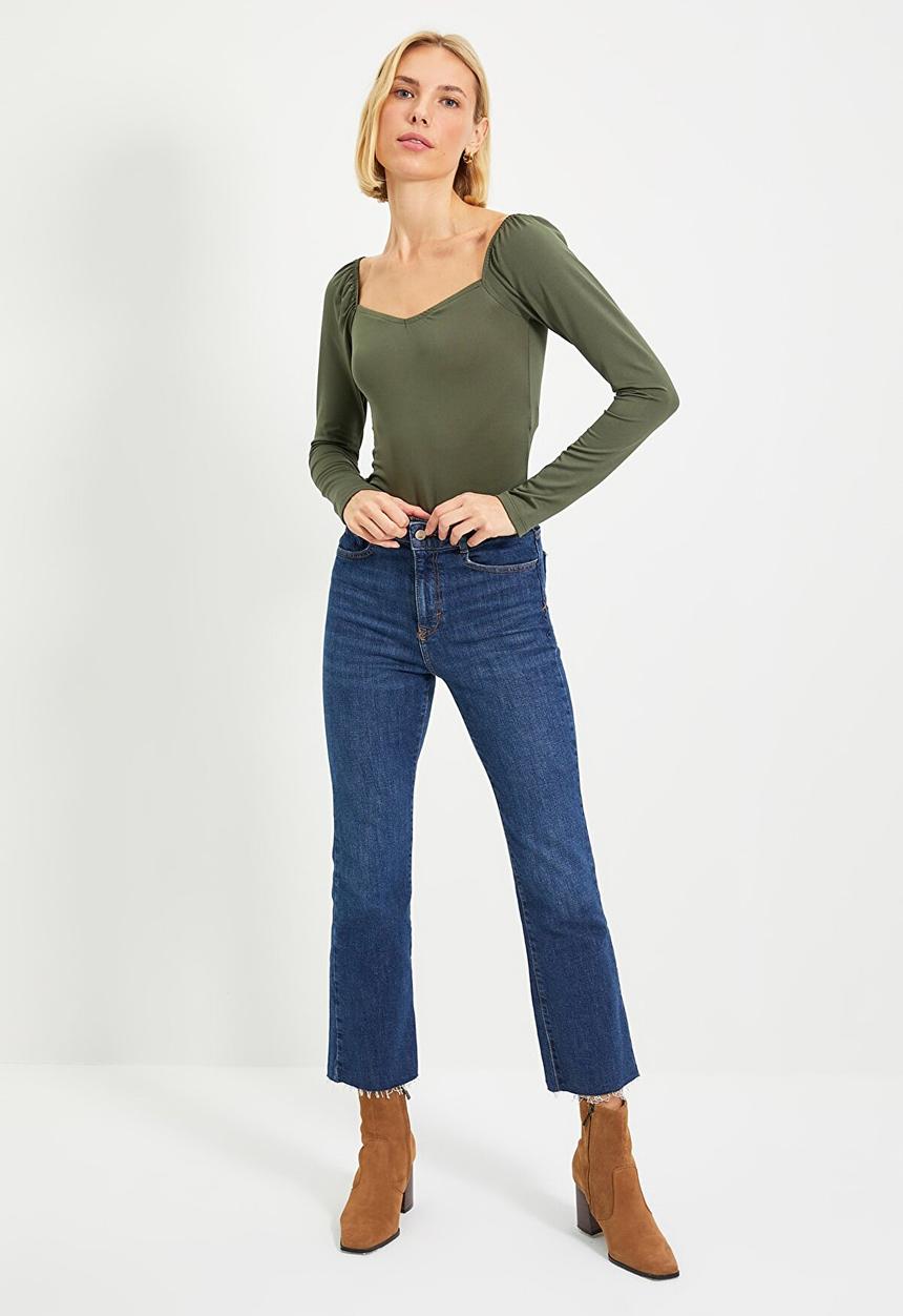 Trendyol - Heart collar balloon sleeve snap knit bodysuit - khaki
