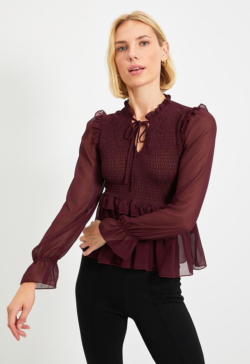 Trendyol - Gipele peplum lace-up chiffon blouse - plum